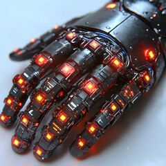Poster - A detailed view of a robotic hand featuring glowing red lights integrated within the dark metallic design. Great for futuristic tech projects.