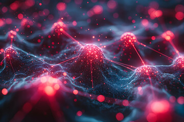 Poster - Abstract illustration of interconnected red glowing orbs resembling a network system. Suitable for presentations related to science technology or the digital world.