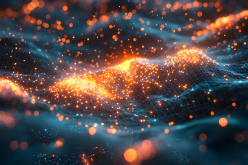 Poster - Abstract digital art with glowing lights and interconnected lines representing data or networks. Ideal for tech presentations or UI backgrounds.