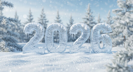 Poster - 2026 numbers from snow for the new year, holiday illustration postcard . Generative AI