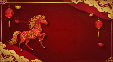 Poster - Red fire horse symbol of new year, holiday illustration postcard . Generative AI