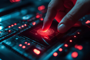 Poster - A finger presses a lit fingerprint scanner. The image showcases cybersecurity and data protection. It's a visual representation of identity verification and access control.