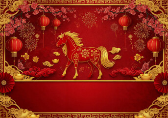 Poster - Red fire horse symbol of new year, holiday illustration postcard . Generative AI
