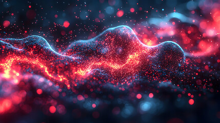 Poster - Abstract digital art with red and blue glowing particles. It can be used as a wallpaper or background for technology related content and sci-fi projects.