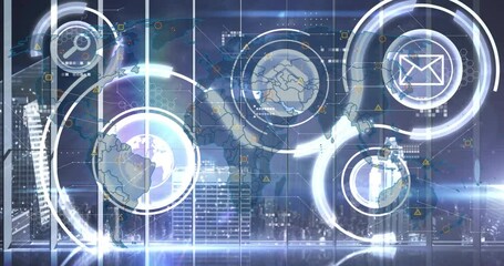 Poster - Animation of glowing circles and email icon over cityscape in digital world map