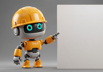 Poster - Positive cute robot builder pointing at a space. Generative AI