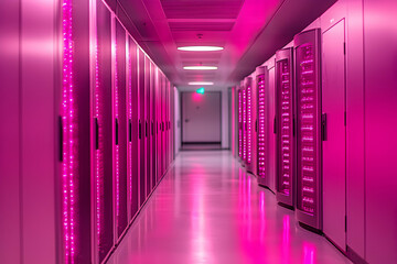 Poster - A data center hallway with server racks illuminated by vibrant pink lighting creating a futuristic aesthetic. Ideal for websites or tech articles about server rooms.