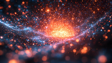 Poster - a vibrant abstract depiction featuring swirling particles radiating with intense red and blue lumino