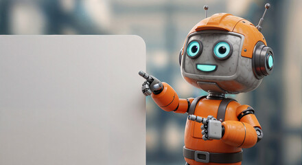 Poster - Positive cute robot builder pointing at a space. Generative AI