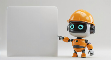 Poster - Positive cute robot builder pointing at a space. Generative AI