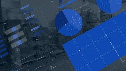 Poster - Animation of blue pie chart and map over industrial landscape with grid lines