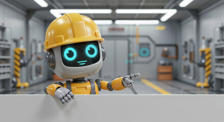 Poster - Positive cute robot builder pointing at a space. Generative AI