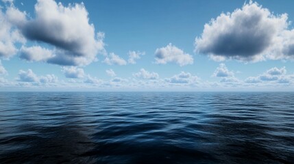 Wall Mural - calm ocean scene with blue water and fluffy white clouds in a clear sky.