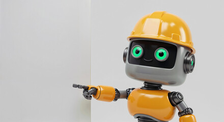 Poster - Positive cute robot builder pointing at a space. Generative AI