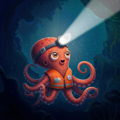 Poster - funny octopus works underwater with headlamp. Generative AI