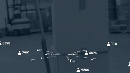 Poster - Animation of numerical data and user icons flowing over industrial warehouse background