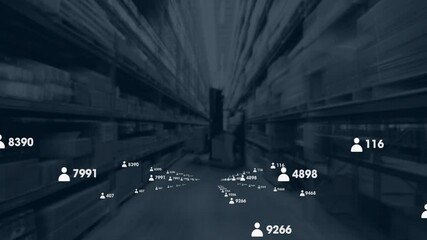 Poster - in warehouse aisle, animation overlaying data points and numbers on scene