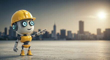 Poster - Positive cute robot builder pointing at a space. Generative AI