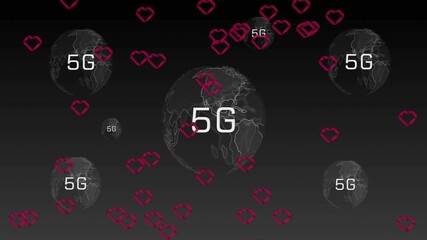 Poster - 5G text and heart icons animating over globe illustrations on dark backdrop