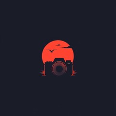 Poster - Camera Silhouette Against Sunset with Birds Flying, a Minimalist Photography Logo Design Concept