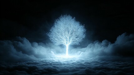 Wall Mural - glowing tree in a dark, cloudy night sky.