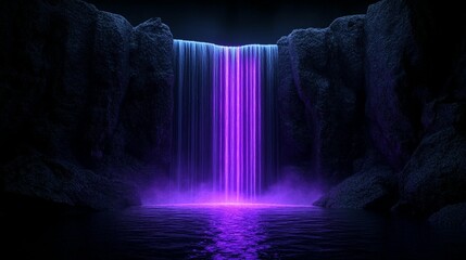 Wall Mural - glowing purple waterfall cascading down dark rocks into a still pool at night.