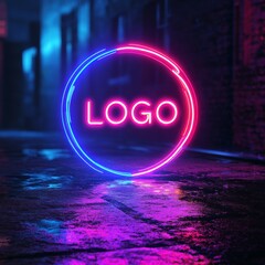 Aufkleber - Neon Circle Logo Reflecting on Wet Street in Urban Scene - Cyberpunk, Technology, Nightlife, Abstract