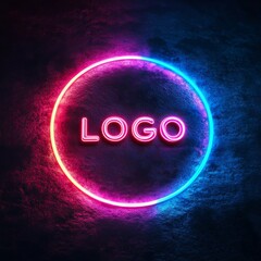Aufkleber - Neon Sign Mockup on Dark Concrete Wall, Round Glowing Frame with Pink and Blue Lights Displaying 'LOGO'