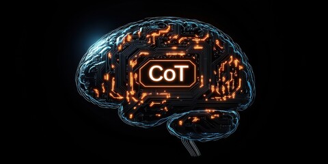 Poster - Chain of Thought (CoT) concepts. A digital brain design featuring circuits and glowing elements, symbolizing artificial intelligence and technology integration.