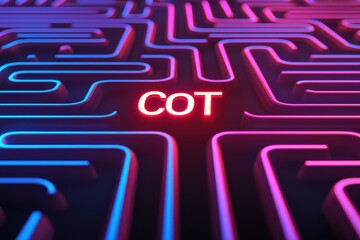 Poster - Chain of Thought concepts. A vibrant maze design featuring neon lines with the word 