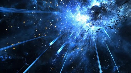 Poster - Stars streak across the dark cosmic sky in brilliant blue, racing at light speed toward an enormous exploding star