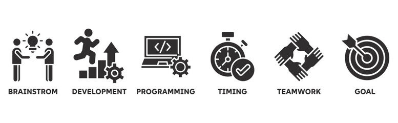 Hackathon icon set illustration concept for design sprint-like social coding event with icon of brainstorm, development, programming, timing, speed, teamwork, and goal