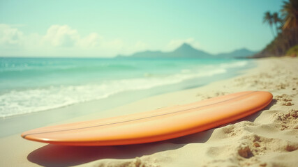Wall Mural - beautiful beach card with surfboard and tropical trees with copy space