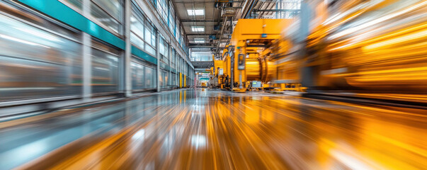 Poster - A blurry image of a factory floor with a yellow truck in the foreground. Concept of motion and activity, as if the viewer is witnessing the hustle and bustle of a busy industrial setting