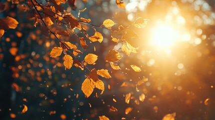 golden leaves falling from a tree in autumn with the sun shining through the branches