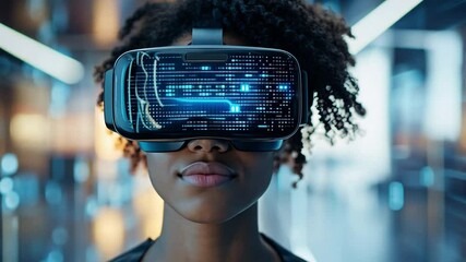 Poster - Immersed in Virtual Reality: Captivating view of a young woman of color fully immersed in the digital domain, wearing VR glasses with a futuristic, high-tech design.