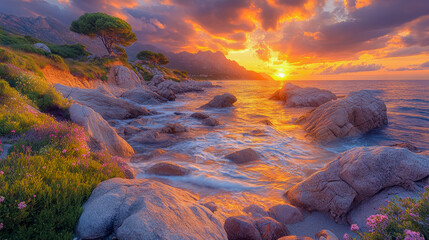 Wall Mural - Dramatic sunset over a rocky coast with waves and vivid sky, creating a peaceful scene