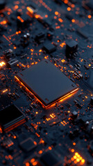 Poster - A close up of a computer chip with a black background. The chip is lit up with orange lights, giving it a futuristic and technological feel