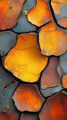 Poster - A photo of a rock wall with a yellow and blue color scheme. The photo is a close up of the wall and the rocks. The photo has a rustic and natural feel to it