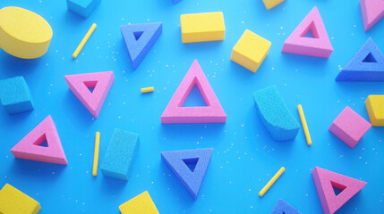 Poster - A colorful background with a pink triangle in the middle. The triangle is surrounded by a variety of different colored blocks