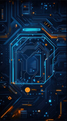 Poster - A blue and orange image of a circuit board with a glowing letter D. The image has a futuristic and technological vibe, with the bright colors and intricate design of the circuit board