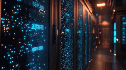 Poster - A computer server room with blue lights and a blue screen. The room is filled with rows of computer servers, each with a blue screen. The servers are connected to each other
