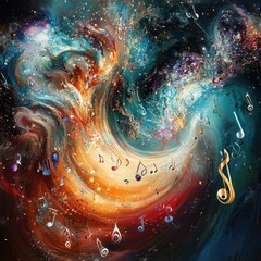 celestial symphony: an abstract visual representation of a vibrant musical score dancing amidst a co