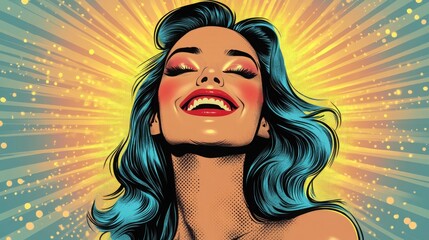 Wall Mural - A beautiful woman expresses overwhelming joy with a big smile, her face illuminated by a colorful burst of rays in a comic halftone style