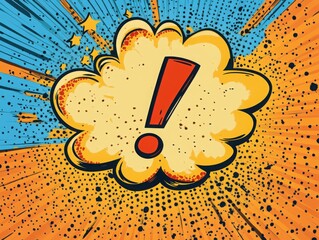 Wall Mural - A vibrant comic strip style thought bubble featuring a bold exclamation point, bursting with energy, highlighting excitement and surprise in bright pop art colors