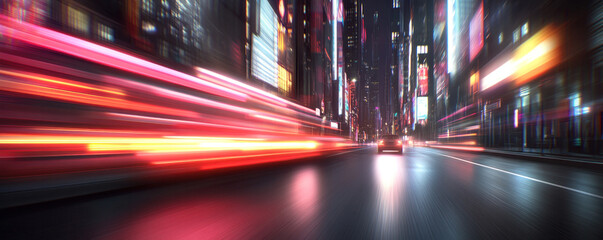 Poster - A car is driving down a city street with a blurry background. The scene is set in a city at night, with neon lights and tall buildings in the background. The car is the main focus of the image