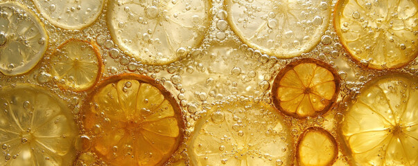 Poster - A close up of a bunch of oranges with a yellowish tint. The oranges are arranged in a circular pattern, with some overlapping and others standing alone. Concept of abundance and freshness