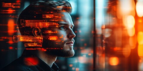 Young man contemplates data streaming into his digital consciousness