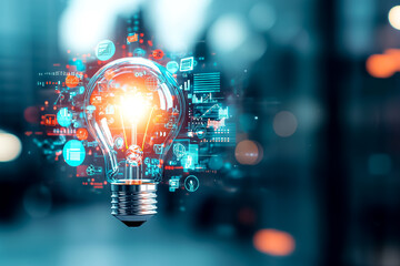 Poster - Illuminated Light Bulb Surrounded by Digital Graphics Representing Innovation and Technology