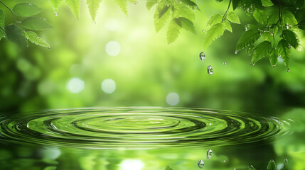 Poster - A green leafy tree with water droplets falling from it. The water is calm and peaceful, creating a serene atmosphere